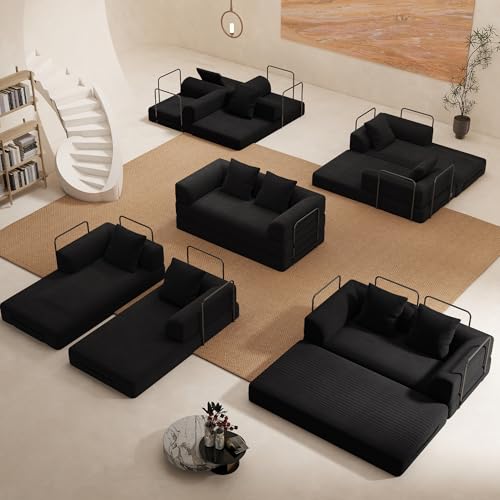 Cloud Boneless Convertible Sofa Bed, 4-in-1 Foldable Compressed High-Density Sponge Sofa, 70" Corduroy Fabric 3 Seater Sleeper Couch Futon Daybed for Living Room Bedroom (Black) Living&Giving