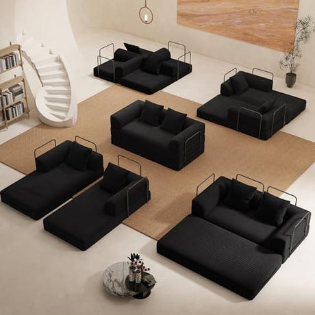 Cloud Boneless Convertible Sofa Bed, 4-in-1 Foldable Compressed High-Density Sponge Sofa, 70" Corduroy Fabric 3 Seater Sleeper Couch Futon Daybed for Living Room Bedroom (Black) Living&Giving