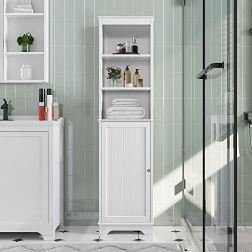 Yaheetech Tall Slim Bathroom Storage Cabinet with 3 Shelves, Enclosed Door, and Modern Design in White - WoodArtSupply