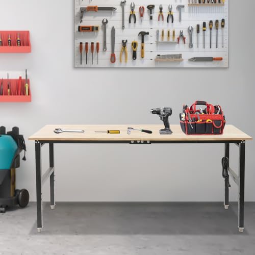 Sootvp 72" L X 25" W Adjustable Workbench, 28-39.5" Adjustable Height & 3000 LBS Load Capacity, Oak Wood Heavy-Duty Work Table Garage Worktable with Power Strip and Wheels for Studio, Workshop Sootvp