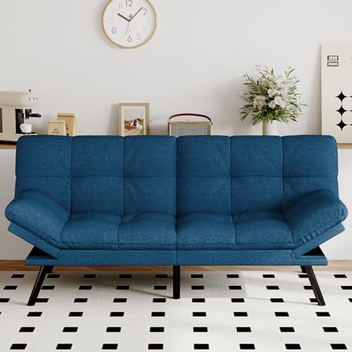 AMICLIBER Futon Sofa Bed Convertible Couch, Blue Linen Sofa Bed with Memory Foam, Adjustable Backrest & Armrests, Multifunctional Small Loveseat Sleeper Sofa for Living Room, Apartment, Office AMICLIBER