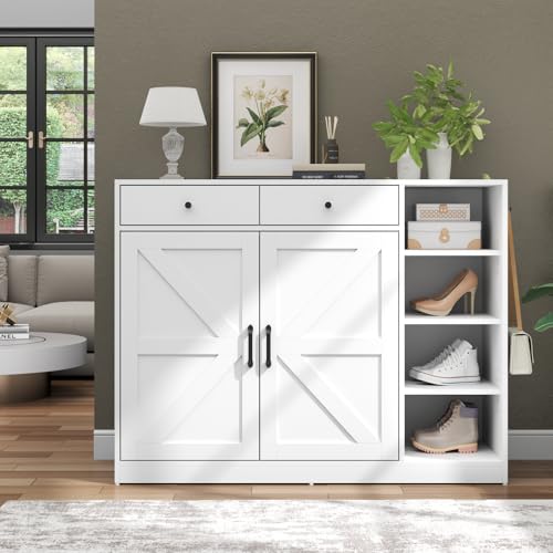 Loomie 5-Tier Shoe Cabinet with 4 Side Cubbies, Farmhouse Shoe Rack Cabinet with 6 Adjustable Shelves & 2 Drawers, Freestanding Shoe Storage Cabinet with 4 Brackets & 2 Hooks for Entryway (White) Loomie