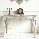 Distressed White Wood Console Table with Carved Details and Cabriole Legs, French Country Entryway Table with Curved Top, Farmhouse Sofa Table for Living Room, Hallway, Foyer - 44" L x 16.5" W x 30" H Royard Oaktree