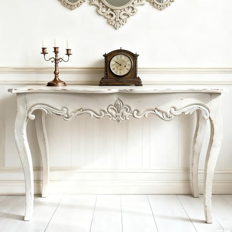Distressed White Wood Console Table with Carved Details and Cabriole Legs, French Country Entryway Table with Curved Top, Farmhouse Sofa Table for Living Room, Hallway, Foyer - 44" L x 16.5" W x 30" H Royard Oaktree