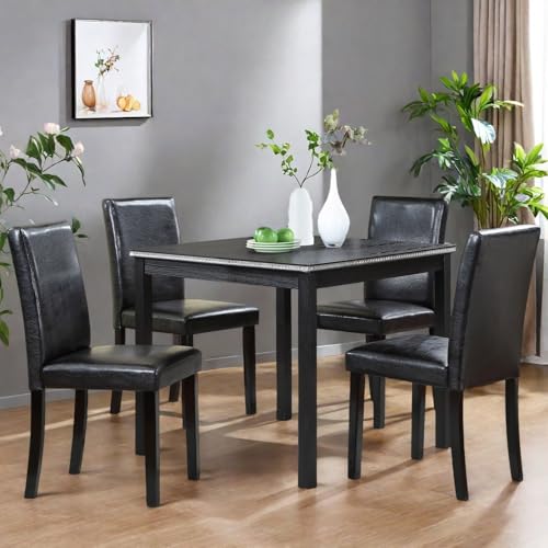 Trygoal Dining Table Set for 4, 5-Piece Dining Room Table Set with Square Crystal Decoration Table & 4 Upholstered Backrest Chairs, Counter Height Kitchen Sets with Faux Wood Grain Design, Black Trygoal