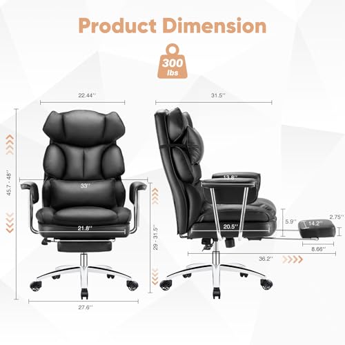 Sweetcrispy Executive Home Office Desk Chair - Ergonomic Big Tall High Back with Footrest & Lumbar Support, Reclining Height Adjustable, Comfy PU Leather Computer Gaming with Swivel Wheels, Black Sweetcrispy