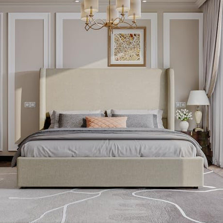 AMERLIFE Lift Up Storage Bed King Size Linen Upholstered Platform Bed Frame, Hydraulic Storage,Modern Wingback Headboard, No Box Spring Needed, Khaki AMERLIFE
