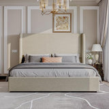 AMERLIFE Lift Up Storage Bed Queen Size Linen Upholstered Platform Bed Frame, Hydraulic Storage,Modern Wingback Headboard, No Box Spring Needed, Khaki AMERLIFE