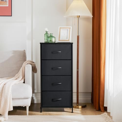 Sweetcrispy Dresser for Bedroom with 4 Drawers, Storage Drawers, Skinny Fabric Storage Tower, Tower Organizer Unit, Chest of Drawers with Wooden Top for Closet, Living Room, Entryway Sweetcrispy