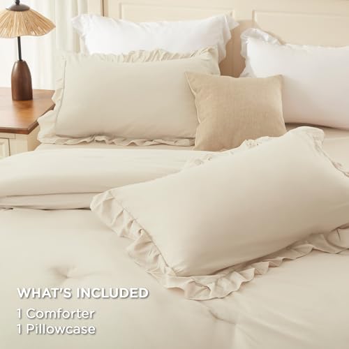 Andency Beige Twin Size Comforter Set, 2 Pieces Boho Lightweight Fluffy Ruffle Bedding Set & Collections, All Season Soft Microfiber Farmhouse Shabby Chic Bed Set for Kids (66x90In Comforter) Andency