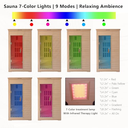 1-Person Far Infrared Sauna with Red Light Therapy – Compact Canadian Hemlock Wood Indoor Home Spa, 4 Fast Heating Panels (1000W 110V), Bluetooth, 7-Color LED & Timer – 65.4" Tall (Fits Small Spaces) DCCSONA