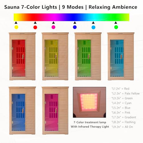 1-Person Far Infrared Sauna with Red Light Therapy – Compact Canadian Hemlock Wood Indoor Home Spa, 4 Fast Heating Panels (1000W 110V), Bluetooth, 7-Color LED & Timer – 65.4" Tall (Fits Small Spaces) DCCSONA