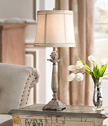 Regency Hill Shabby Chic French Country Cottage Core Table Lamp 28" Tall Antique White Washed Petite Artichoke Font Beige Fabric Bell Shade for Living Room Bedroom House Bedside Nightstand Home Regency Hill