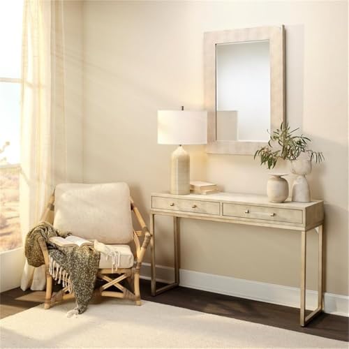 Eden Home 2-Drawer Faux Leather Console Table, Cream and Champagne Finish, 31" H x 48" W x 17" D, Clear Acrylic Handles, Iron Base, Transitional Style for Living Room or Entryway Storage Eden Home