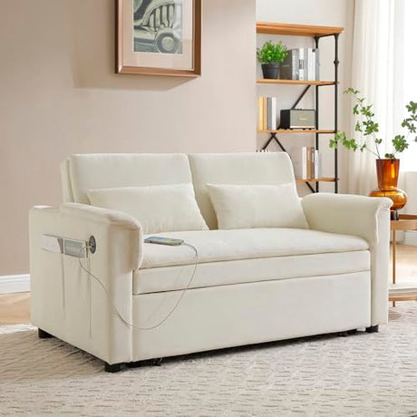 Convertible Loveseat Pull Out Sleeper Sofabed Futon Loveseat Lounge Couch for Living Room 3 in 1 Multi-Functional Pullout Sofa Bed with Reclining Backrest , USB Ports and Side Pockets for Home Office Eafurn