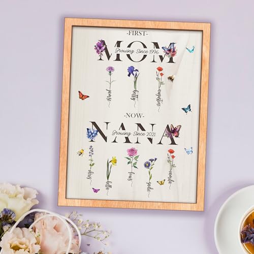 First Mom Now Nana Customized Birth Month Flower Wooden Plaque, Personalized Mothers Day Gifts, Mother's Day Gift, Gift for Mom, Grandma's Gift, Grandma's Garden Sign - WoodArtSupply