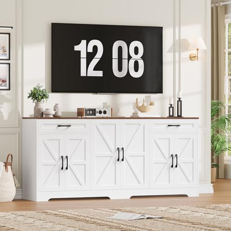 BOTLOG 71” Large Sideboard Buffet Cabinet with Storage, Farmhouse Kitchen Buffet Cabinet with Adjustable Shelves and 6 Barn Doors, Wood Coffee Wine Bar Console Table for Kitchen, Dining Room, White BOTLOG