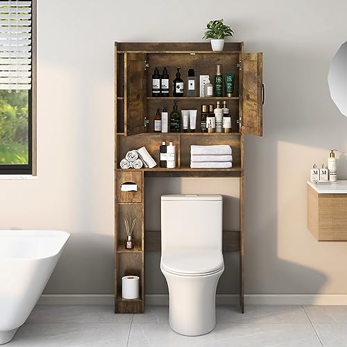 Over The Toilet Storage Cabinet, Farmhouse Storage Cabinet Over Toilet with 2 Barn Door & Toilet Paper Holder Stand，Home Space-Saving Toilet Rack, for Bathroom, Restroom, Laundry