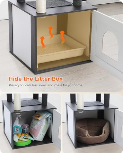 MIOMUM Tall Cat Tree with Litter Box Enclosure 56.7" Wooden Cat Tower for Large Cats with Cat Hammock House Bed (Wood Black) MIOMUM