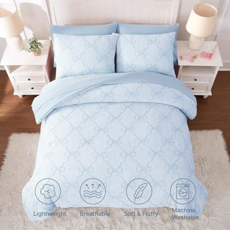 Wink Deer Queen Comforter Set with Sheets for Girls-7 Pieces Queen Bedding Sets with Light Blue Comforter, Sheets, Pillowcases & Shams for Kids (Light Blue Bow Knot, 90" X 90") Wink Deer