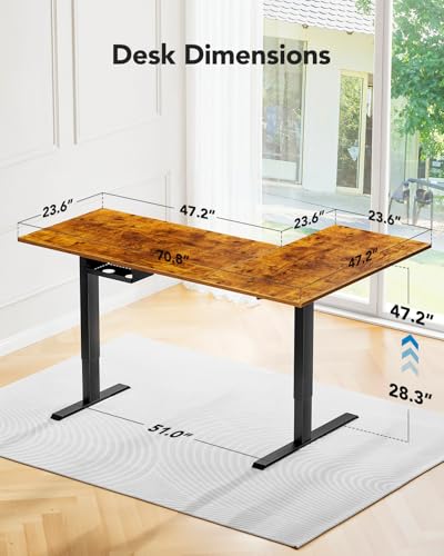 HUANUO 71x48 inch Dual Motor L Shaped Electric Standing Desk with 3 Preset Heights, Electric Height Adjustable Computer Table, 2 Hooks & Cable Tray, Raising Desk for Home Office, Vintage Brown HUANUO