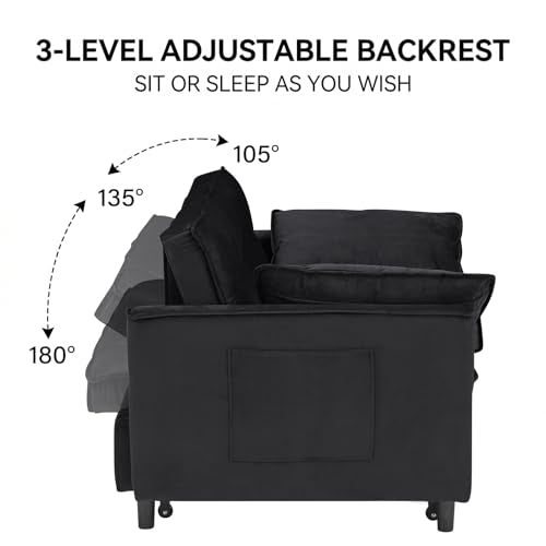 3 in 1 Convertible Sleeper Sofa Bed, Velvet Loveseat Futon Pull-Out Couch with Adjustable Reclining Backrest, Side Pockets and Pillows for Living Room, Bedroom, Apartment, Small Spaces (Black-Velvet) Ehsovlnut