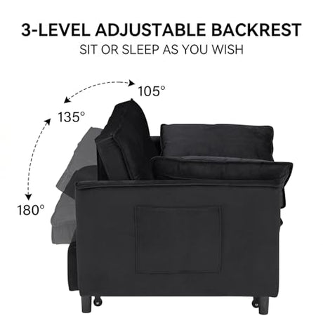3 in 1 Convertible Sleeper Sofa Bed, Velvet Loveseat Futon Pull-Out Couch with Adjustable Reclining Backrest, Side Pockets and Pillows for Living Room, Bedroom, Apartment, Small Spaces (Black-Velvet) Ehsovlnut
