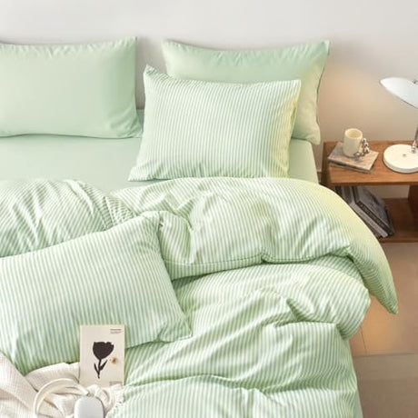 Wake In Cloud - Striped Comforter Set, Ticking Stripe Vertical Pinstripe Neutral Farmhouse Pattern Printed, Soft Lightweight Bedding, 3 Pieces, Sage Green, Twin/Twin XL Size Wake In Cloud
