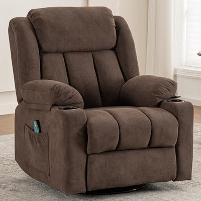 Ketaiyou Rocker Swivel Recliner Chair for Adults, Overstuffed Large Manual Recliner Glider with Massage and Heat, Comfy Soft Fabric Living Room Reclining Sofa Chair (Cocoa1)