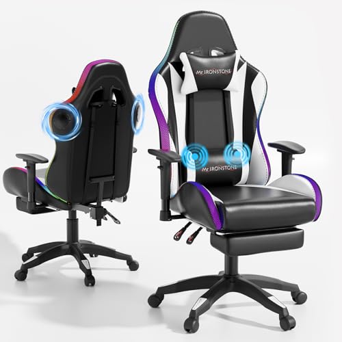 Mr IRONSTONE Gaming Chair, Video Game Chair with Bluetooth Speakers and Led Lights, Office Chair with Massage and 3D Armrest High Back Computer Racing Chair, Cheap Gaming Chairs for Adults,Black/White Mr IRONSTONE