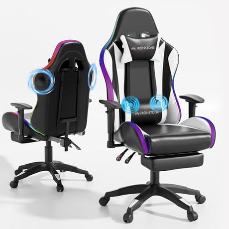 Mr IRONSTONE Gaming Chair, Video Game Chair with Bluetooth Speakers and Led Lights, Office Chair with Massage and 3D Armrest High Back Computer Racing Chair, Cheap Gaming Chairs for Adults,Black/White Mr IRONSTONE