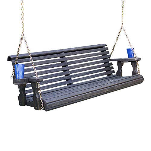 Amish Casual Heavy Duty 700 Lb Roll Back Treated Porch Swing with Hanging Chains and Cupholders (5 Foot, Semi-Solid Black Stain) - WoodArtSupply