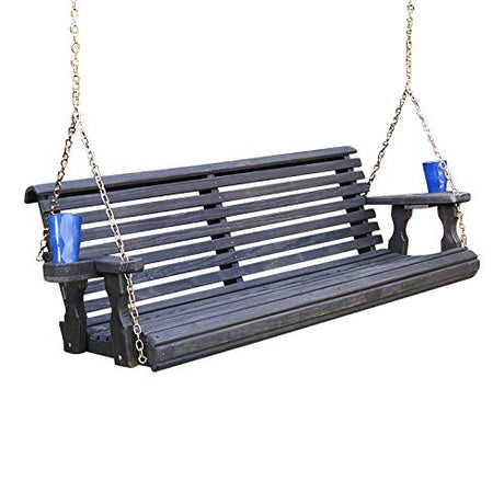 Amish Casual Heavy Duty 700 Lb Roll Back Treated Porch Swing with Hanging Chains and Cupholders (5 Foot, Semi-Solid Black Stain) Amish Casual