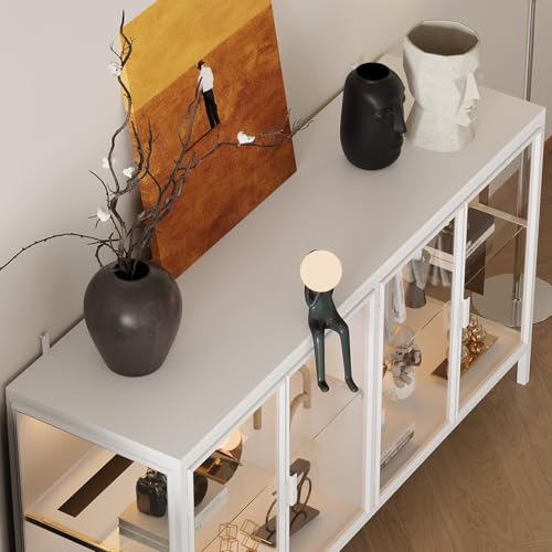 FUNISIR Buffet Cabinet with Storage & LED Light, 55.1" Large Kitchen Sideboard with 4 Glass Doors, Modern Coffee Bar with Metal Frame, Console Table for Living Room, Dining Room, White FUNISIR
