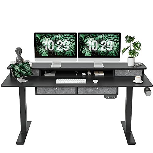 FEZIBO 63" Height Adjustable Electric Standing Desk with 4 Drawers, 63 x 24 Inch Table with Storage Shelf, Sit Stand Desk with Splice Board, Black Frame/Rustic Brown Top, 63 inch FEZIBO
