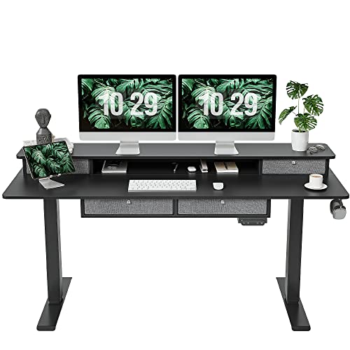 FEZIBO 63" Height Adjustable Electric Standing Desk with 4 Drawers, 63 x 24 Inch Table with Storage Shelf, Sit Stand Desk with Splice Board, Black Frame/Rustic Brown Top, 63 inch - WoodArtSupply