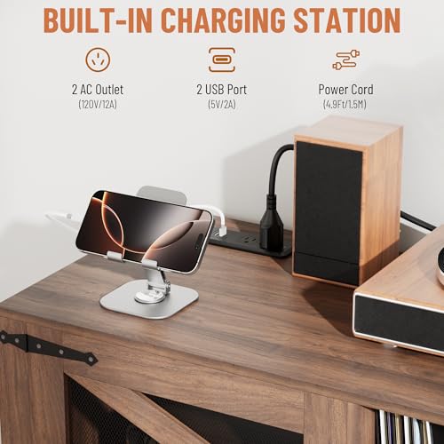VAXZOFI Large Record Player Stand with Vinyl Storage, 500+ Vinyl Record Storage Cabinet, 47 Inch Record Player Table with Power Outlet, Farmhouse Wooden Turntable Stand for Living Room, Walnut VAXZOFI