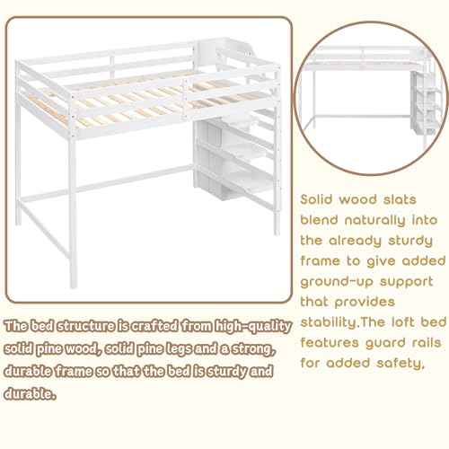 Bellemave Full Size Loft Bed with Stairs and Built-in Storage Wardrobe, Wood Loft Bed Frame with Storage Shelves and Hanging Rod White Loft Beds for Kids Boys Girls Adults Teens Dorm Bedroom Bellemave