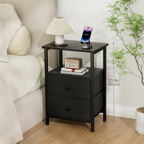 LOAKEKEL Night Stand Set 2, Bed Side Table with 2 Fabric Drawers, Nightstand with Open Storage Shelf for Bedroom, Small End Tables Living Room, Black, HETS002BK LOAKEKEL