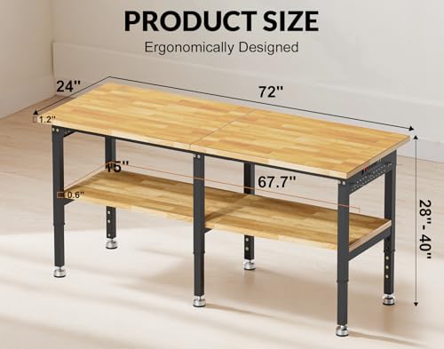 MUWOOD 72”Heavy Duty Work Bench, 2-Layer Adjustable Workbench, 5000 LBS Capacity Work Bench with Power Outlet & Pegboard, Rubber Wood Work Table for Garage, Workshop, Office, Home MUWOOD