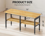 MUWOOD 72”Heavy Duty Work Bench, 2-Layer Adjustable Workbench, 5000 LBS Capacity Work Bench with Power Outlet & Pegboard, Rubber Wood Work Table for Garage, Workshop, Office, Home MUWOOD