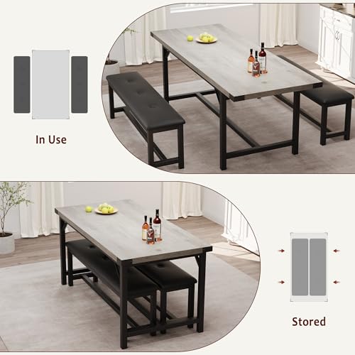 Garvee 63 in Extendable Dining Table Set for 4-6 People, 3-Piece Kitchen Table Set with 2 Upholstered Benches, Farmhouse Dining Room Table Set for Kitchen, Living Room, Apartment, Gray Garvee