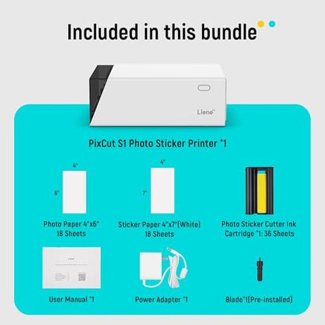Liene PixCut S1 Color Sticker Printer & Cutting Machine - All-in-One Sticker Maker for DIY Crafts, Custom Labels & Gifts. Thermal Dye-Sublimation Photo Printer, 300 DPI, Precise AI Auto-Cutting Liene