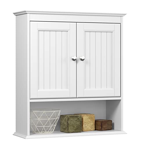 Spirich Bathroom Cabinet Wall Mounted with Doors, Wood Hanging Cabinet with Doors and Shelves Over The Toilet, Bathroom Wall Cabinet White - WoodArtSupply