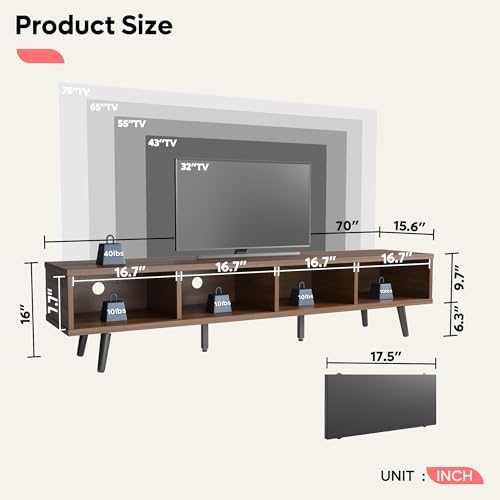 Bestier 70 inch Mid Century Modern TV Stand for 75 inch TV, Low Profile TV Stand with Storage, Entertainment Center for Living Room, Cord Management, Walnut