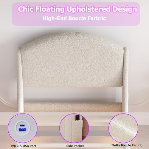Ailisite Twin Size Floating Bed Frame with Upholstered Headboard and Charging Station, Boucle Platform Bed Frame Queen Size with RGB Led Lights, Strong Wood Slat Support, No Box Spring Needed,Beige Ailisite