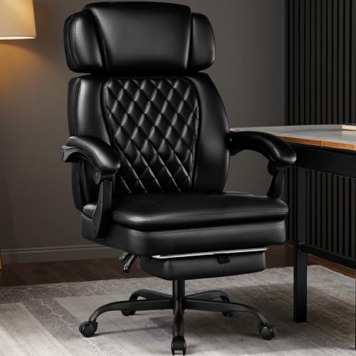 400lbs Executive Office Chair with Foot Rest for Heavy People, Ergonomic Big and Tall Desk Chair with Adjustable Headrest, High Back PU Leather Comfy Heavy Duty Computer Chair with Spring Cushion WAILOR