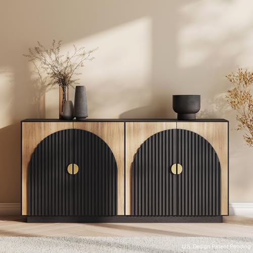 BELLEZE 65 Inch Fluted Buffet Cabinet with Storage, Symmetrical Arc Accent Sideboard Large Console Table for Dining Room, Kitchen, and Living Room (Camel) BELLEZE