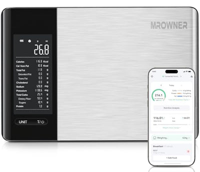 MrOwner Smart Food Kitchen Scale with Nutritional Calculator, Free App with 19 Nutrients Tracking, Calorie, Marco, Digital Weight Grams and Ounces for Weight Loss, Premium Stainless Steel, 22lb