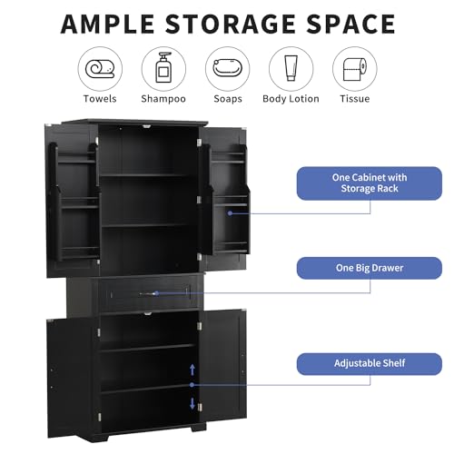 72.2" Tall Storage Cabinet with 4 Doors and Drawer, Freestanding Linen Cabinet, Wooden Pantry with Adjustable Shelf for Kitchen, Bathroom, Living Room, Black